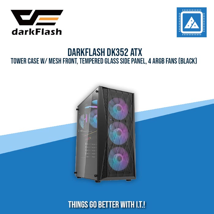 DARKFLASH DK352 ATX TOWER CASE W/ MESH FRONT, TEMPERED GLASS SIDE PANEL, 4 ARGB FANS (WHITE) DARKFLASH DK352 ATX TOWER CASE W/ MESH FRONT, TEMPERED GLASS SIDE PANEL, 4 ARGB FANS (WHITE)